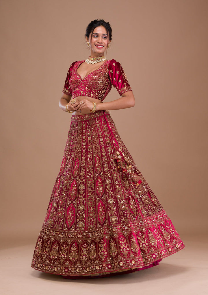 Red Stonework Net Readymade Lehenga-Koskii