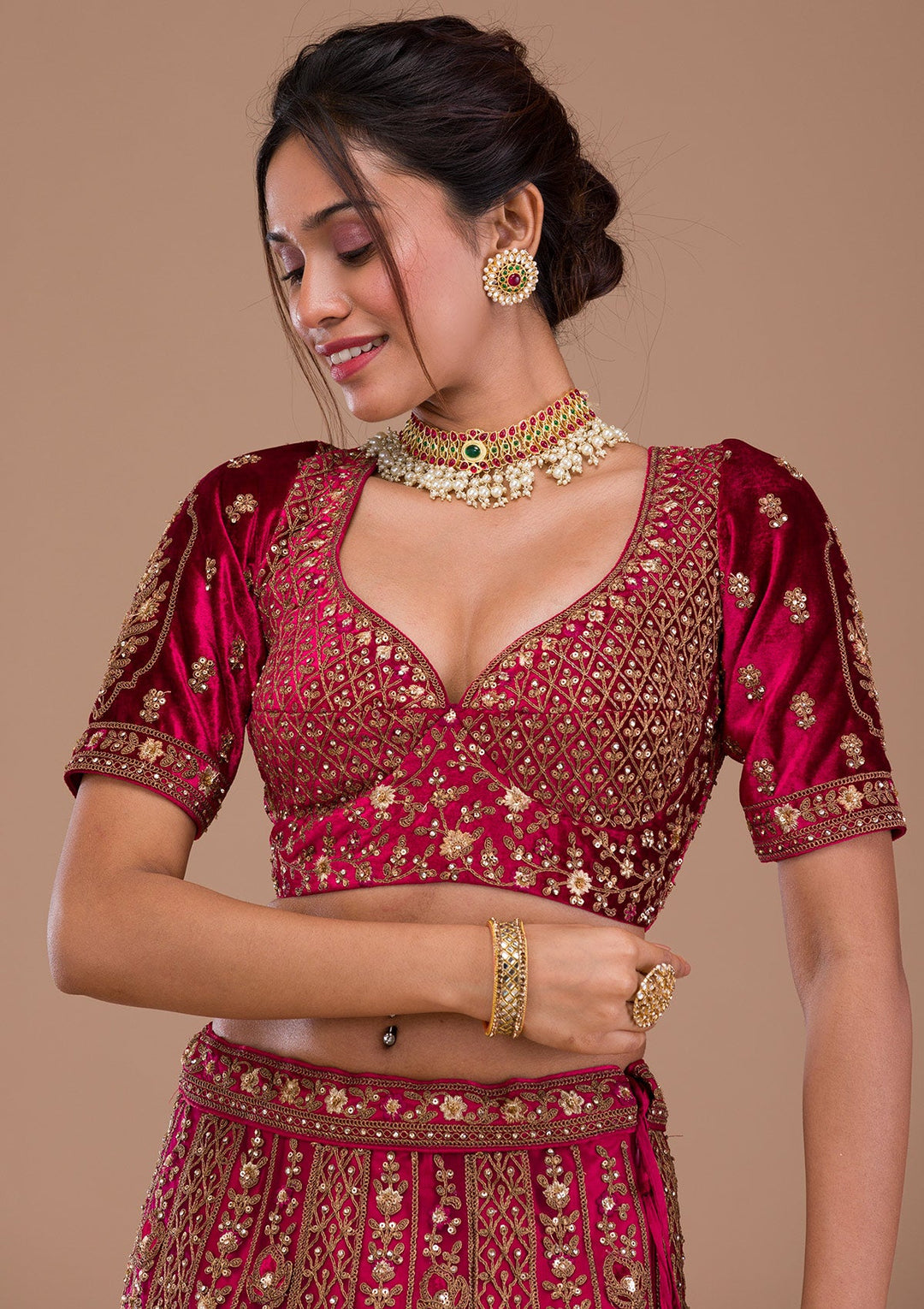 Red Stonework Net Readymade Lehenga-Koskii