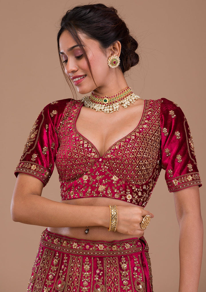 Red Stonework Net Readymade Lehenga-Koskii