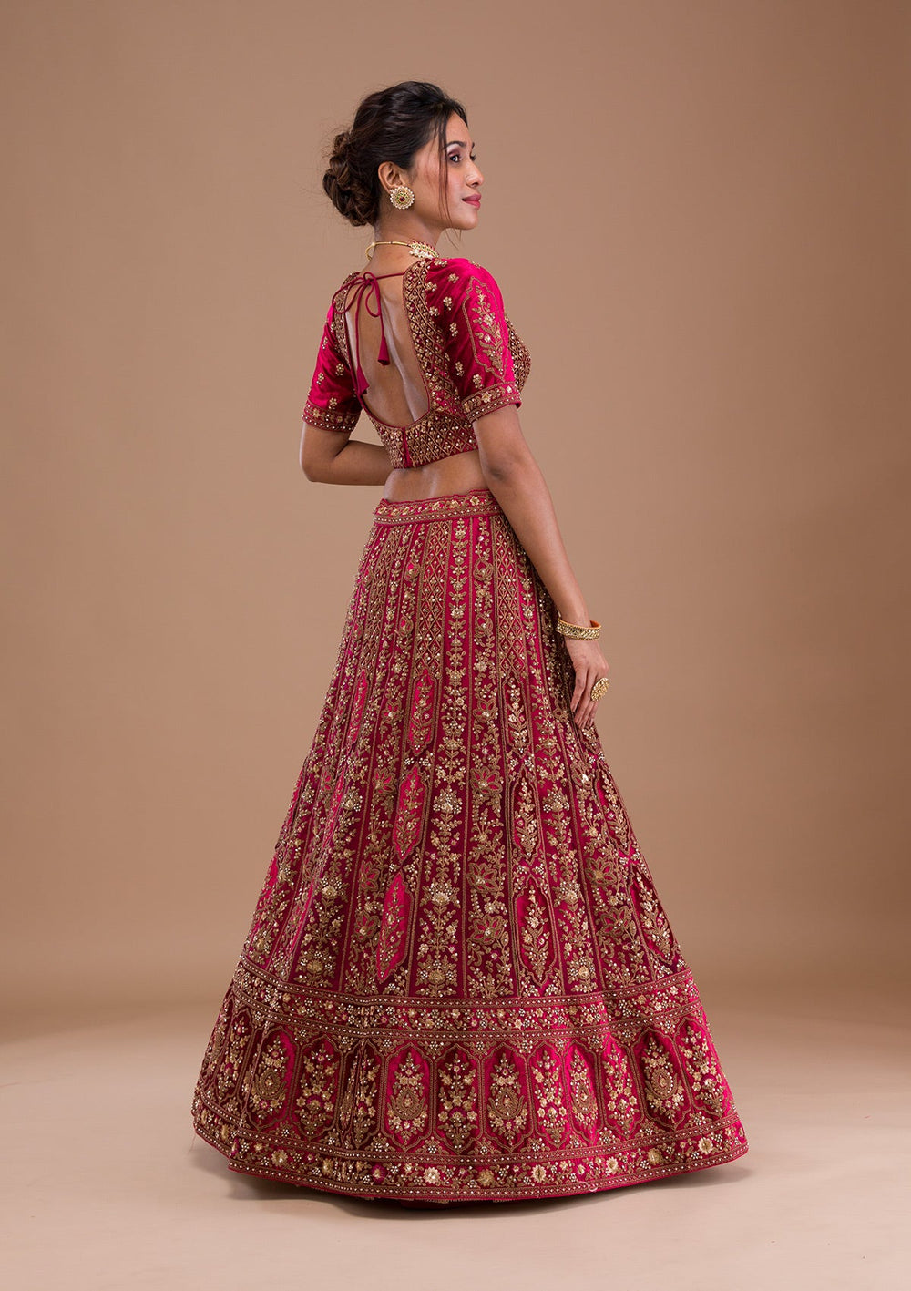 Red Stonework Net Readymade Lehenga-Koskii