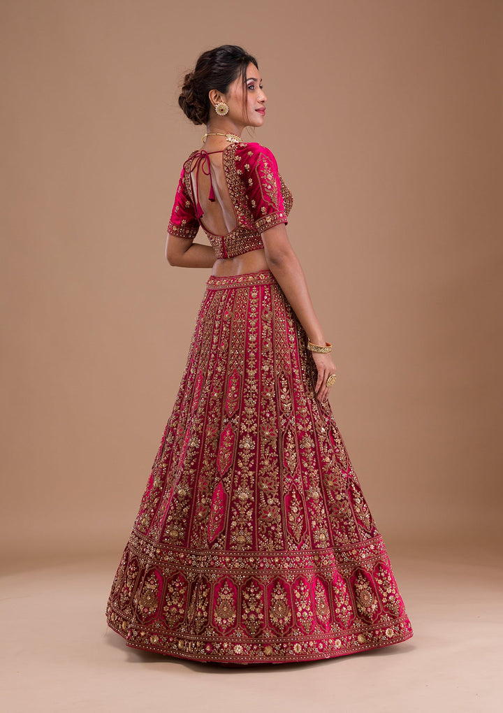 Red Stonework Net Readymade Lehenga-Koskii