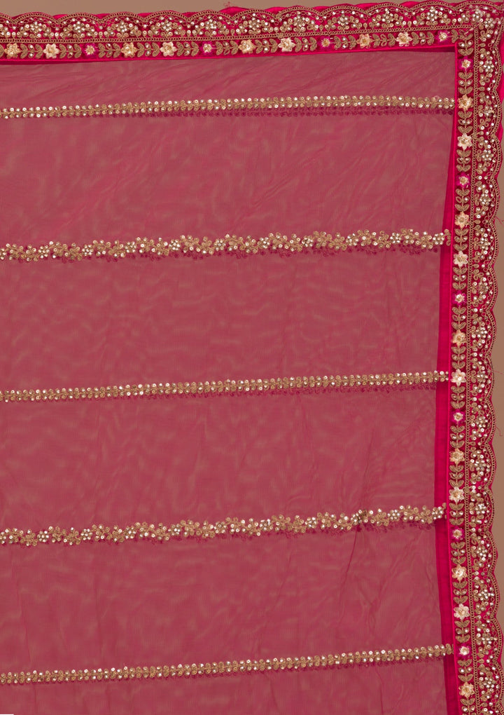Red Stonework Net Readymade Lehenga-Koskii