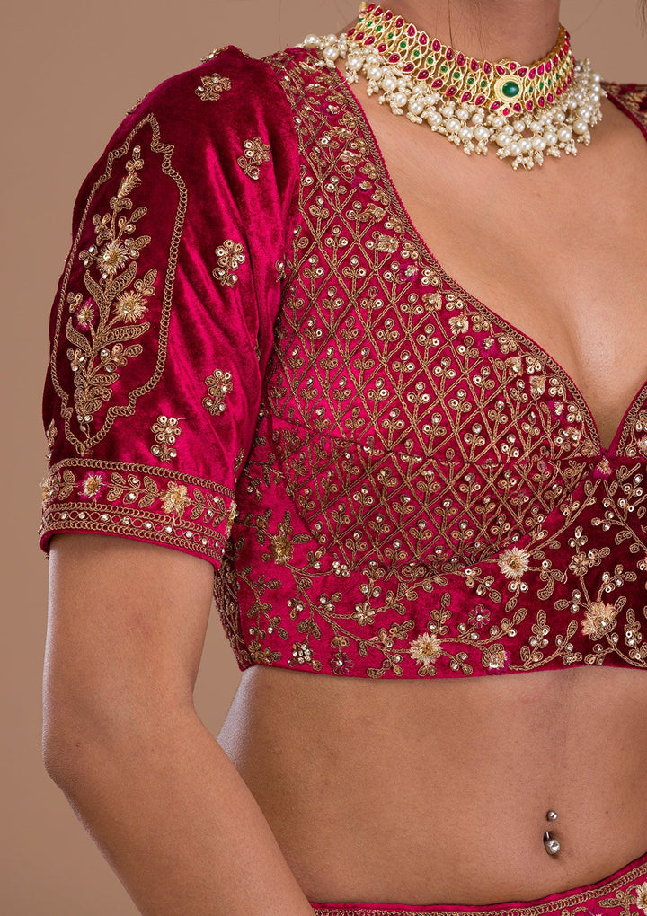 Red Stonework Net Readymade Lehenga-Koskii