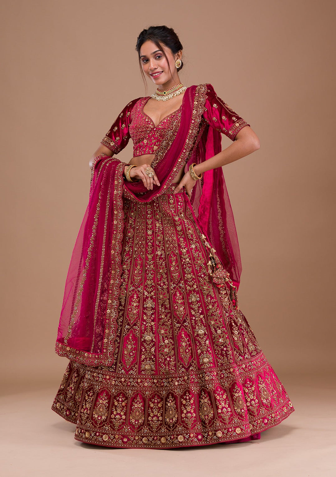 Red Stonework Net Readymade Lehenga-Koskii