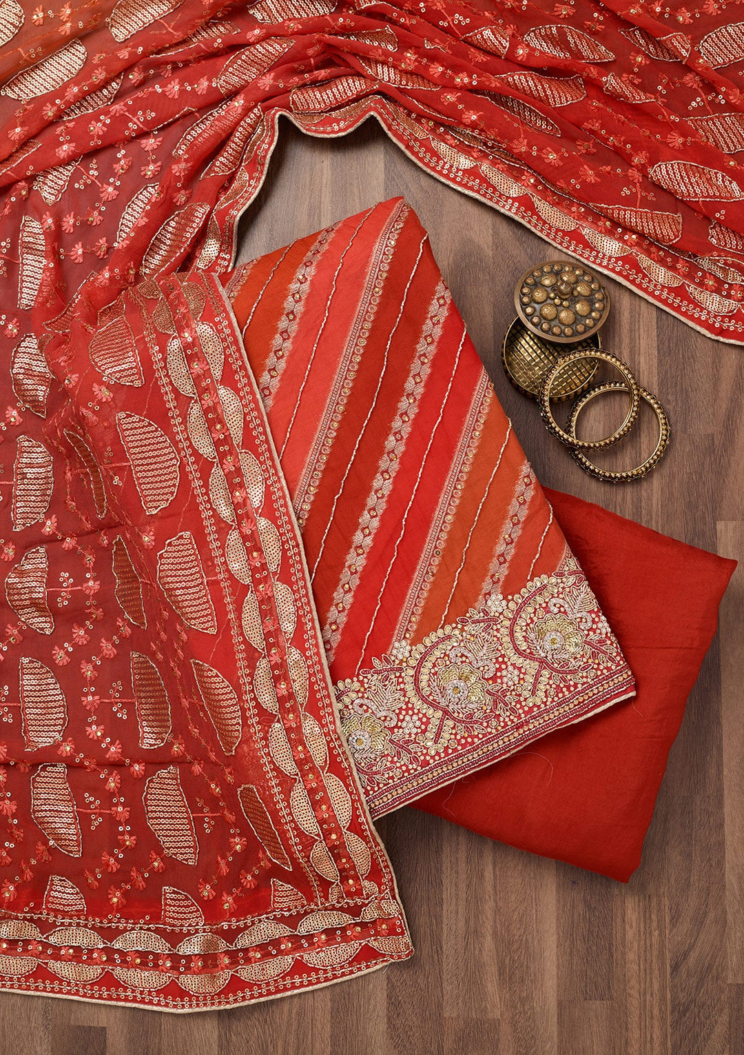 Red Stonework Semi Crepe Unstitched Salwar Suit-Koskii