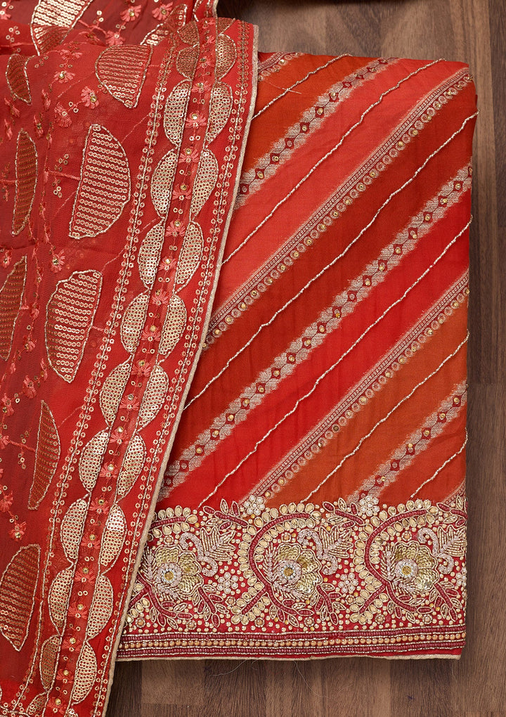 Red Stonework Semi Crepe Unstitched Salwar Suit-Koskii