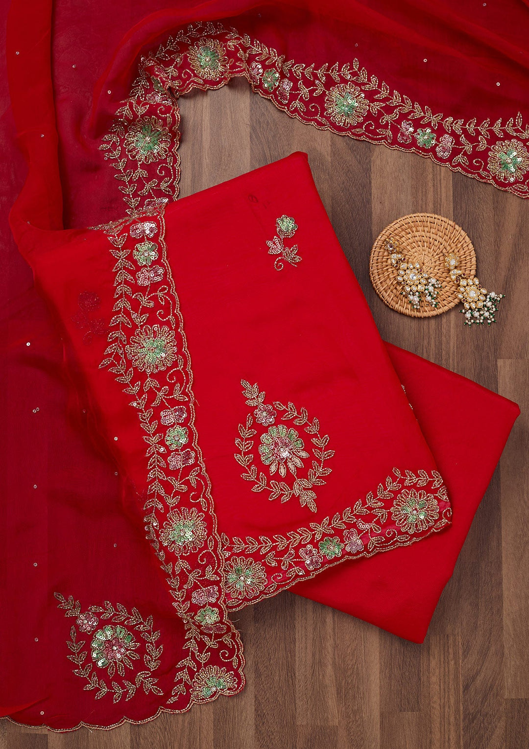 Red Stonework Tissue Unstitched Salwar Suit-Koskii