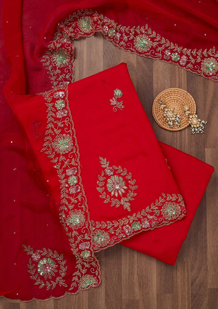 Red Stonework Tissue Unstitched Salwar Suit-Koskii