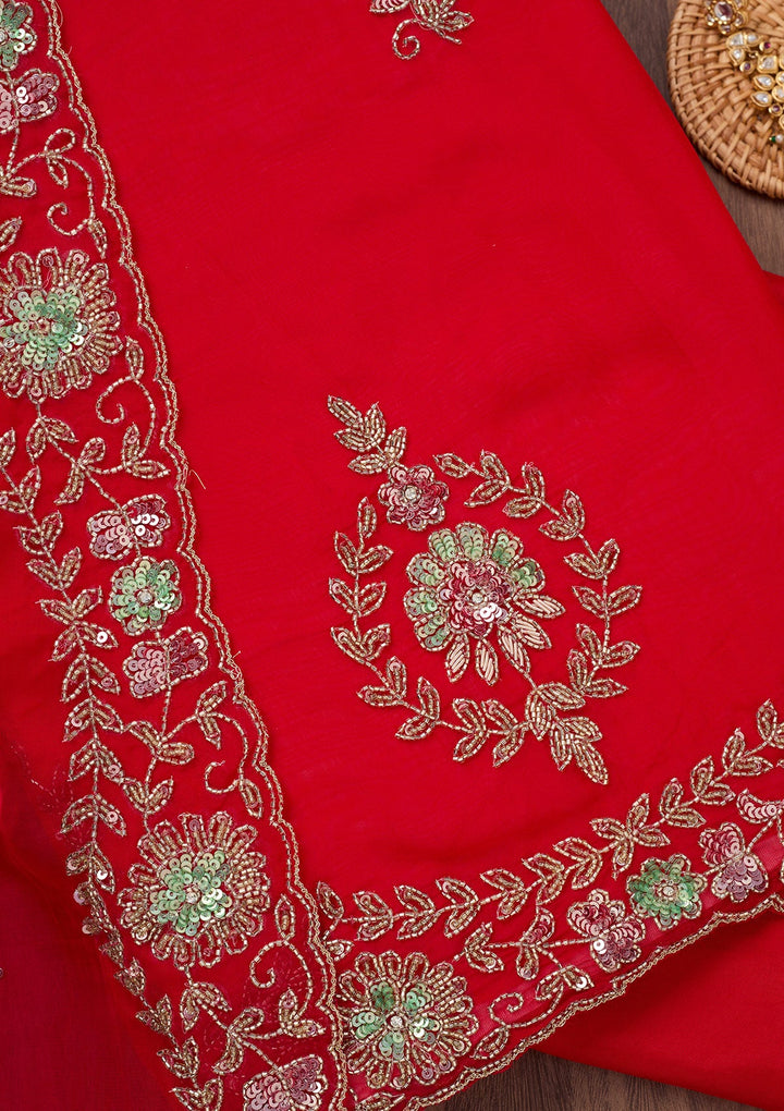 Red Stonework Tissue Unstitched Salwar Suit-Koskii