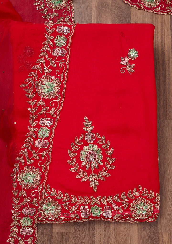 Red Stonework Tissue Unstitched Salwar Suit-Koskii