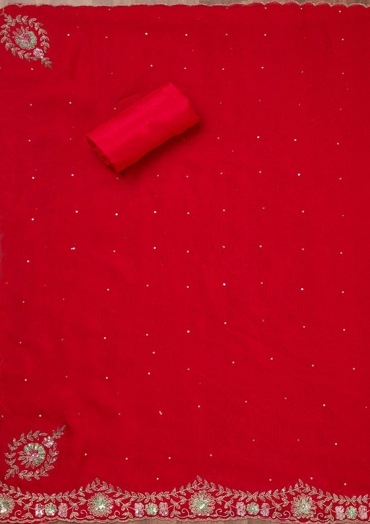 Red Stonework Tissue Unstitched Salwar Suit-Koskii