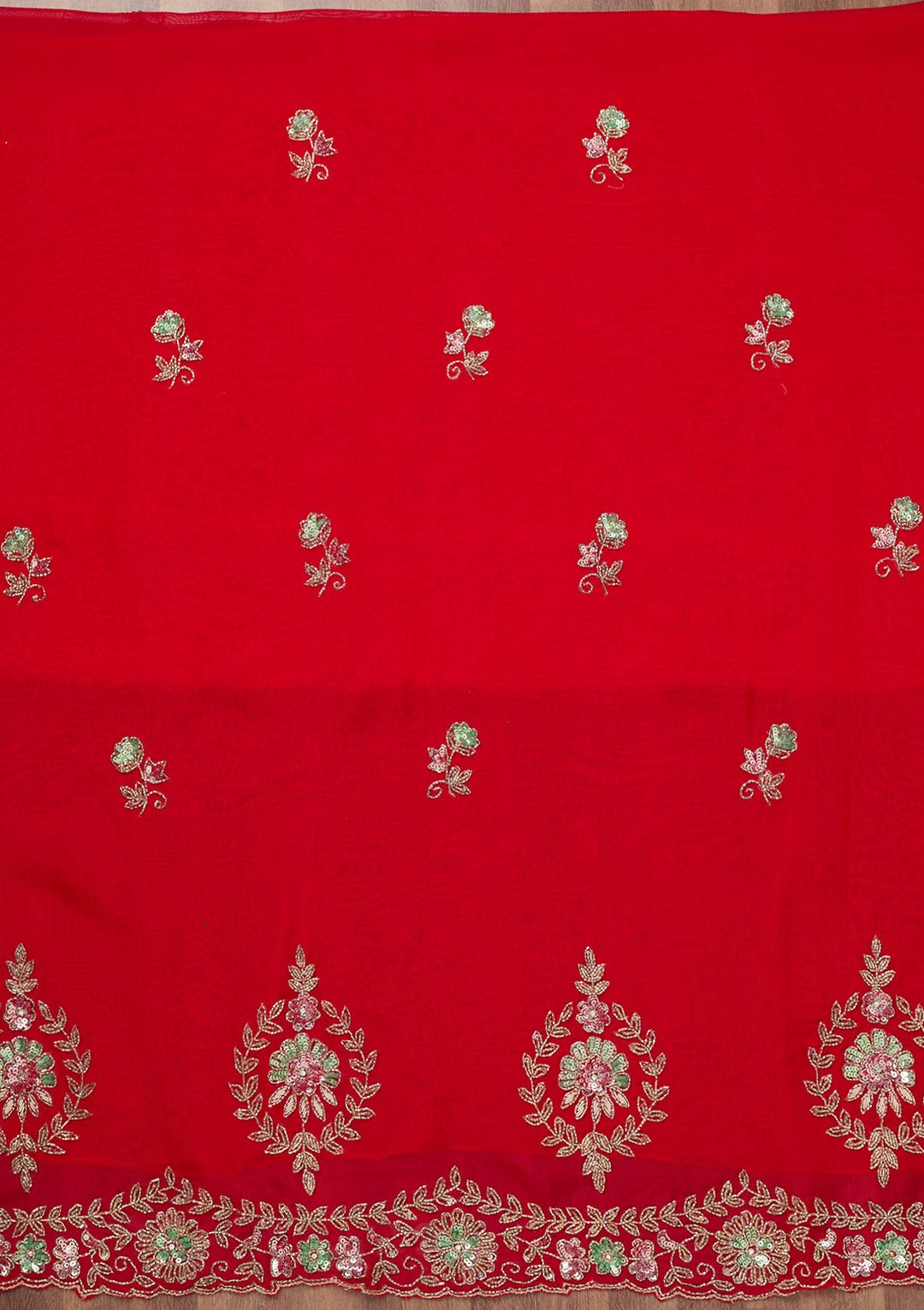 Red Stonework Tissue Unstitched Salwar Suit-Koskii