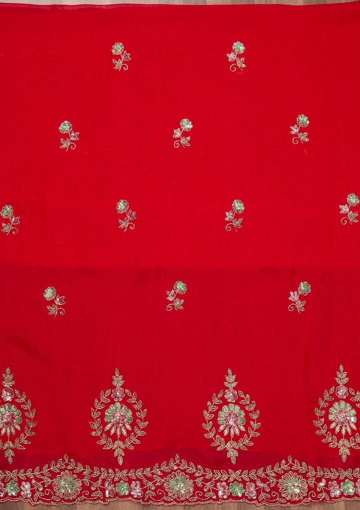 Red Stonework Tissue Unstitched Salwar Suit-Koskii