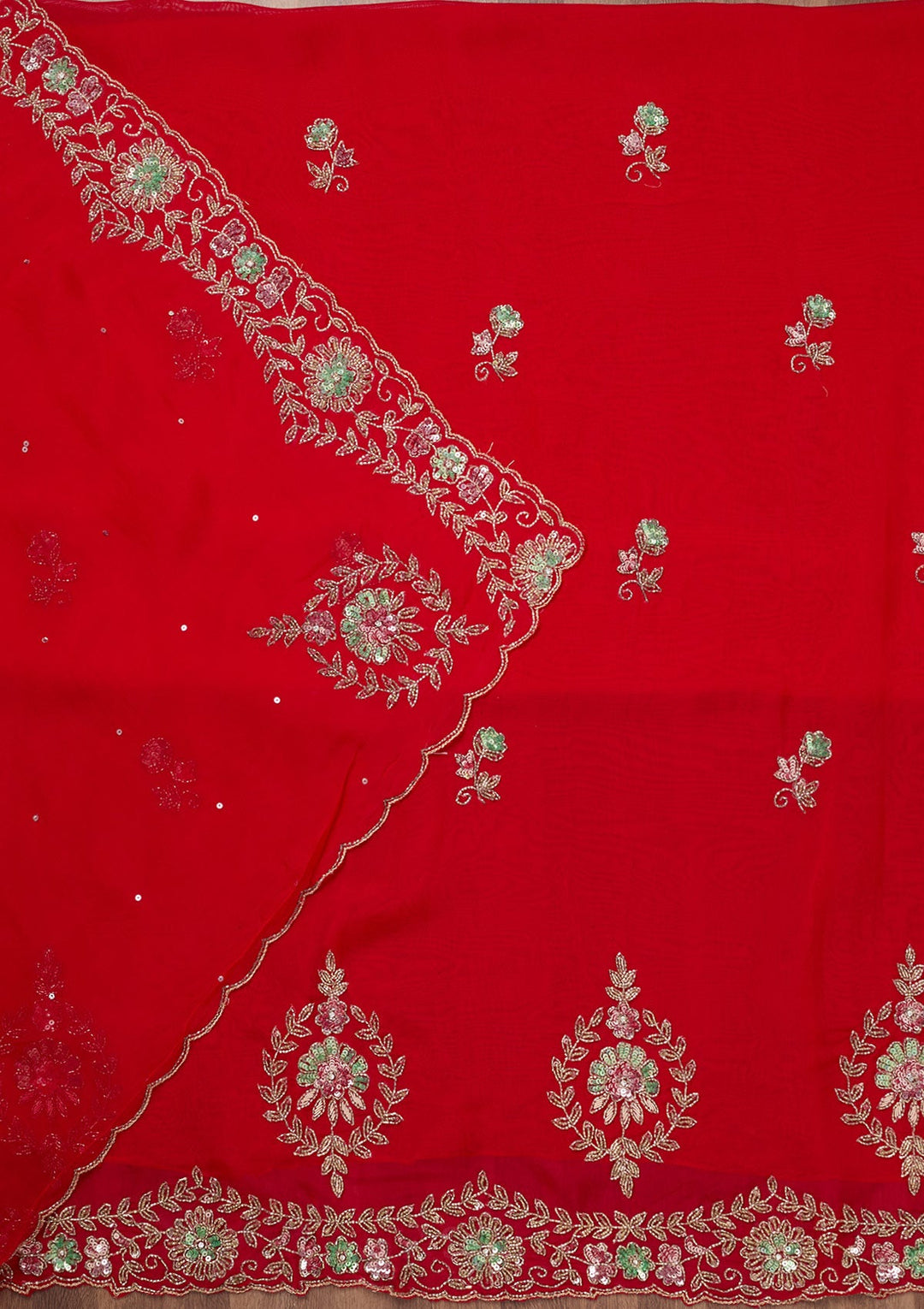 Red Stonework Tissue Unstitched Salwar Suit-Koskii