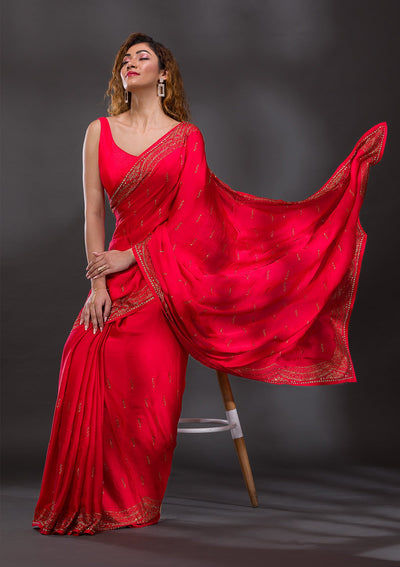 Red Swarovski Satin Saree-Koskii