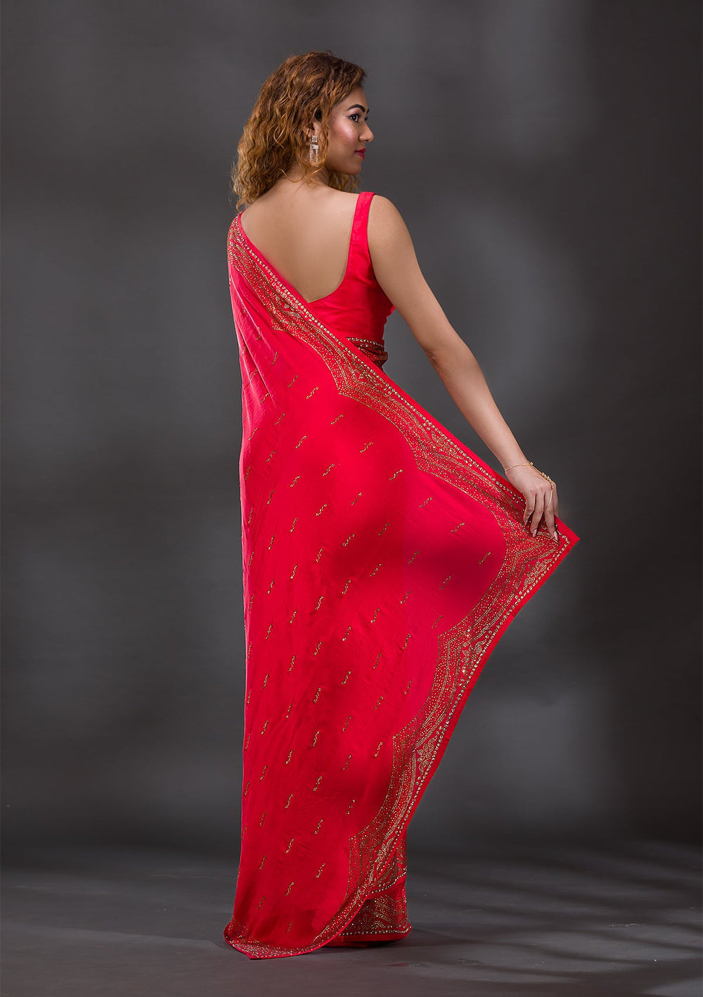 Red Swarovski Satin Saree-Koskii