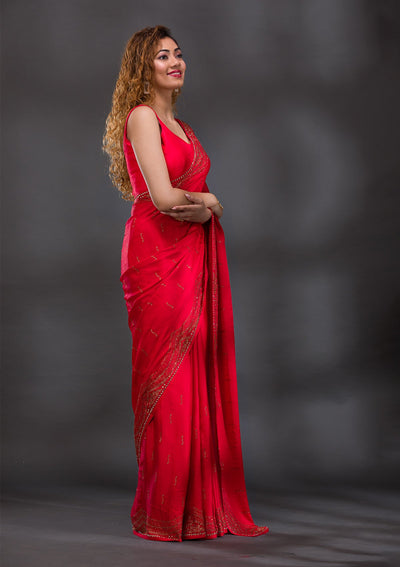 Red Swarovski Satin Saree-Koskii