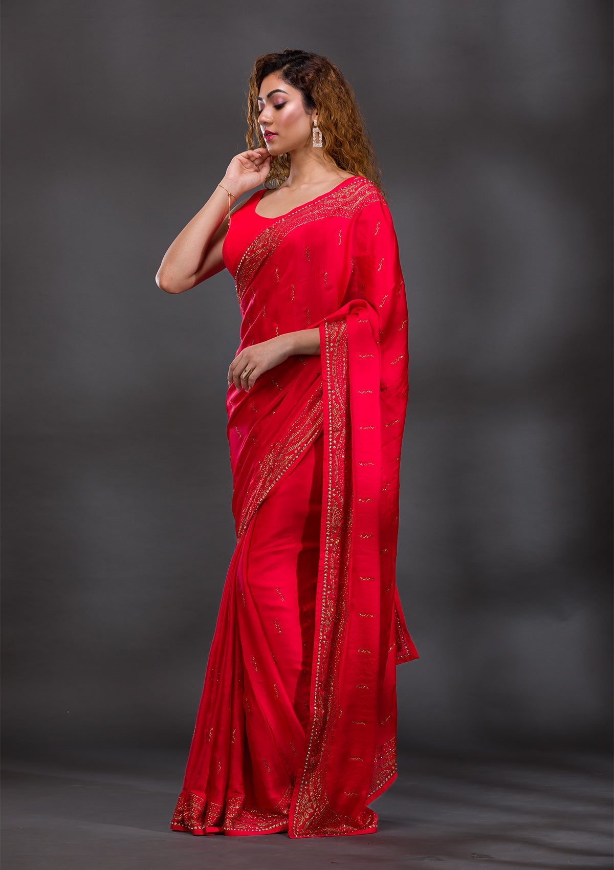 Red Swarovski Satin Saree-Koskii