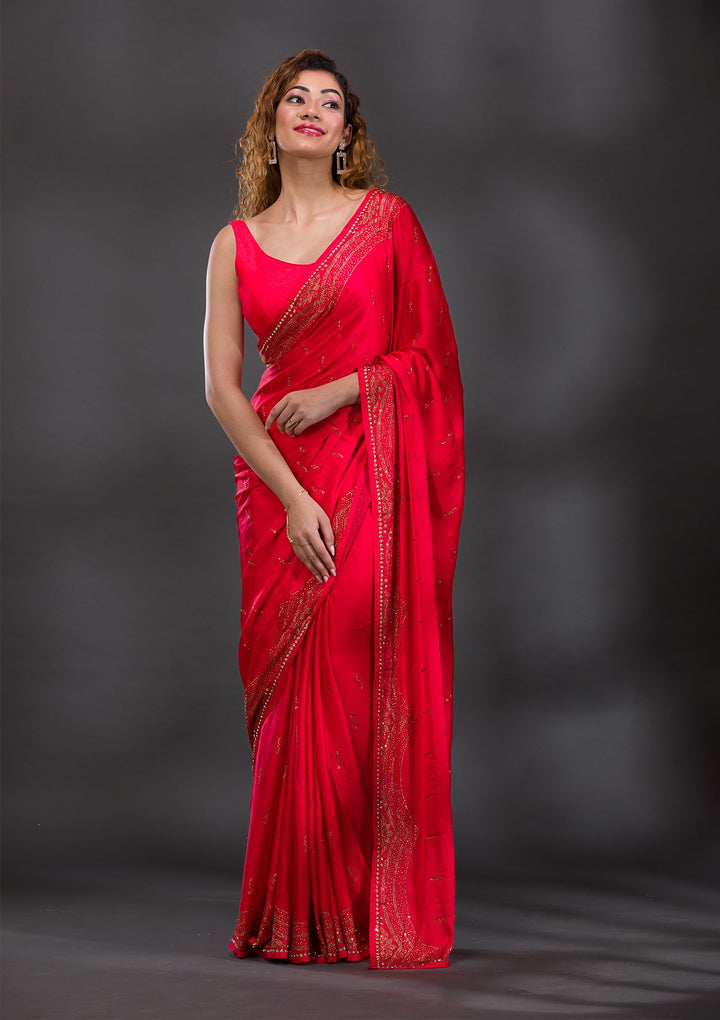 Red Swarovski Satin Saree-Koskii
