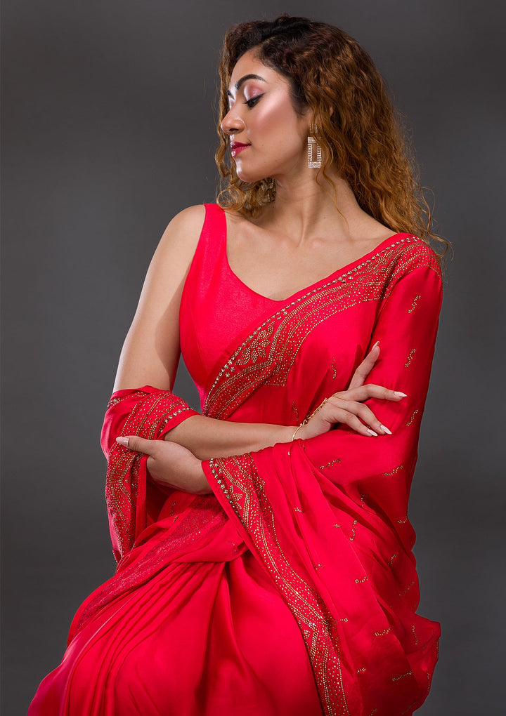 Red Swarovski Satin Saree-Koskii