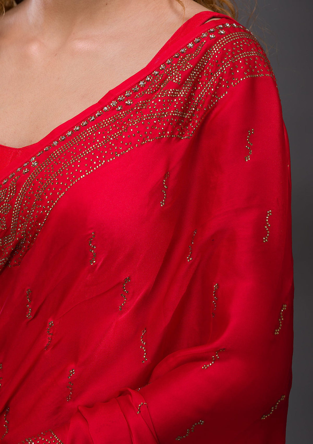 Red Swarovski Satin Saree-Koskii