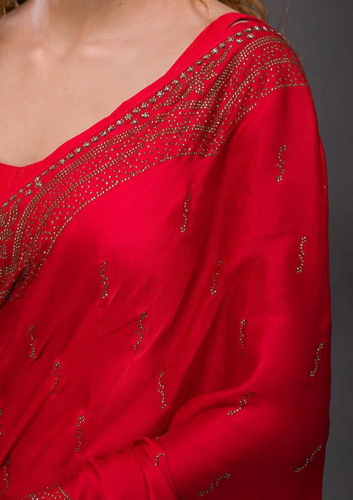 Red Swarovski Satin Saree-Koskii