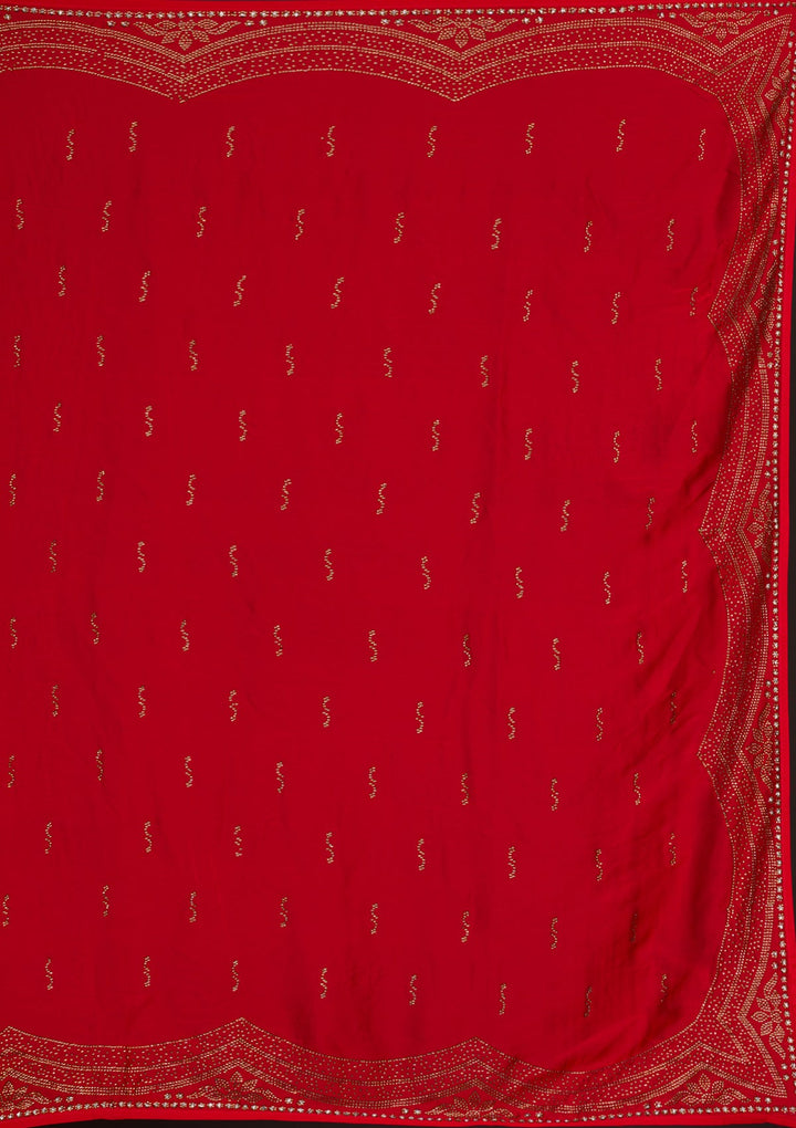 Red Swarovski Satin Saree-Koskii