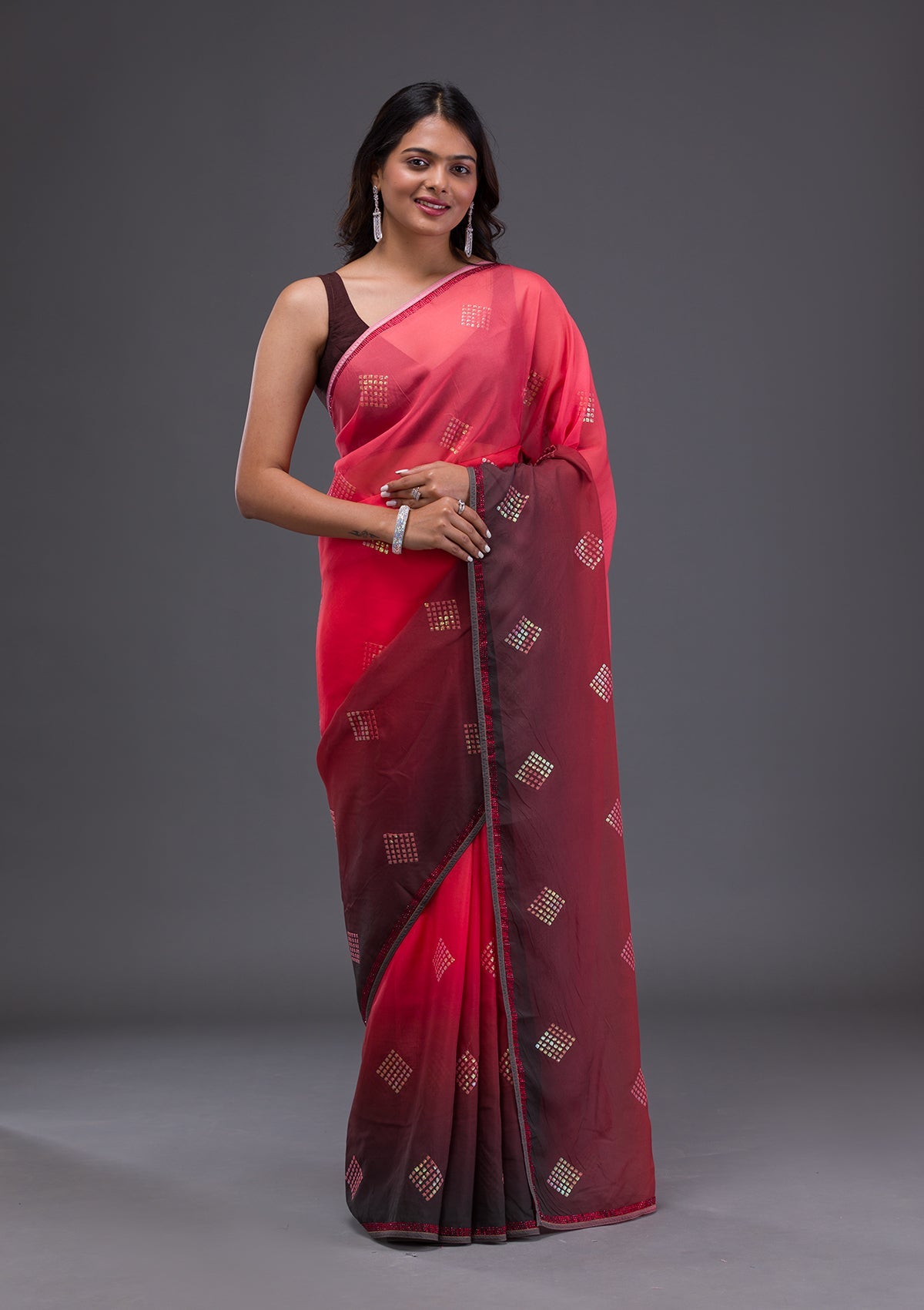 Red Swarovski Satin Saree-Koskii