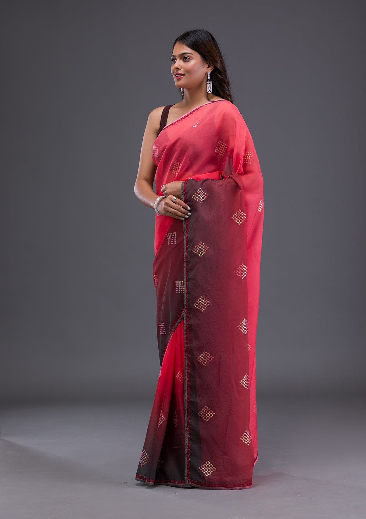 Red Swarovski Satin Saree-Koskii