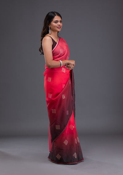 Red Swarovski Satin Saree-Koskii