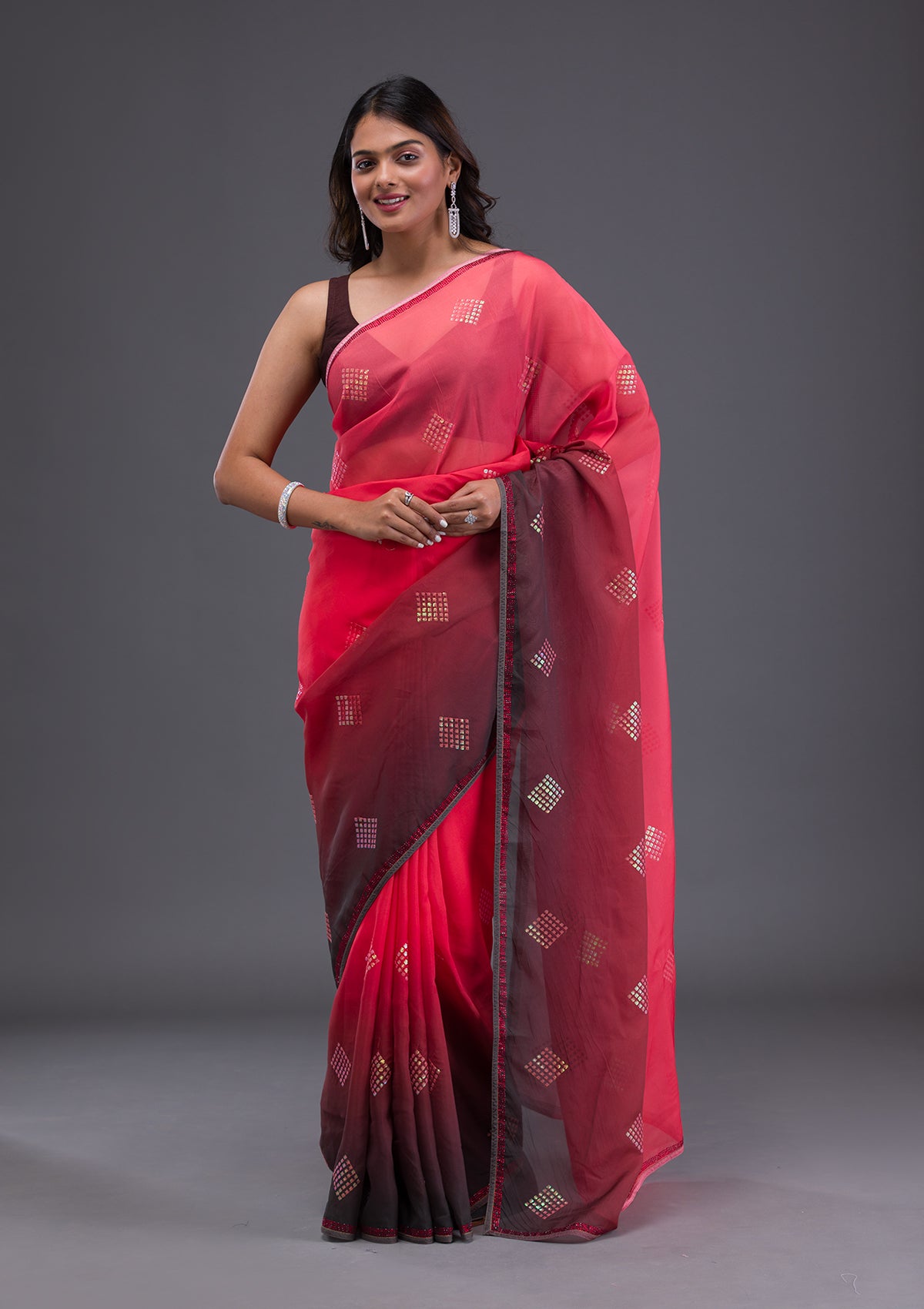 Red Swarovski Satin Saree-Koskii