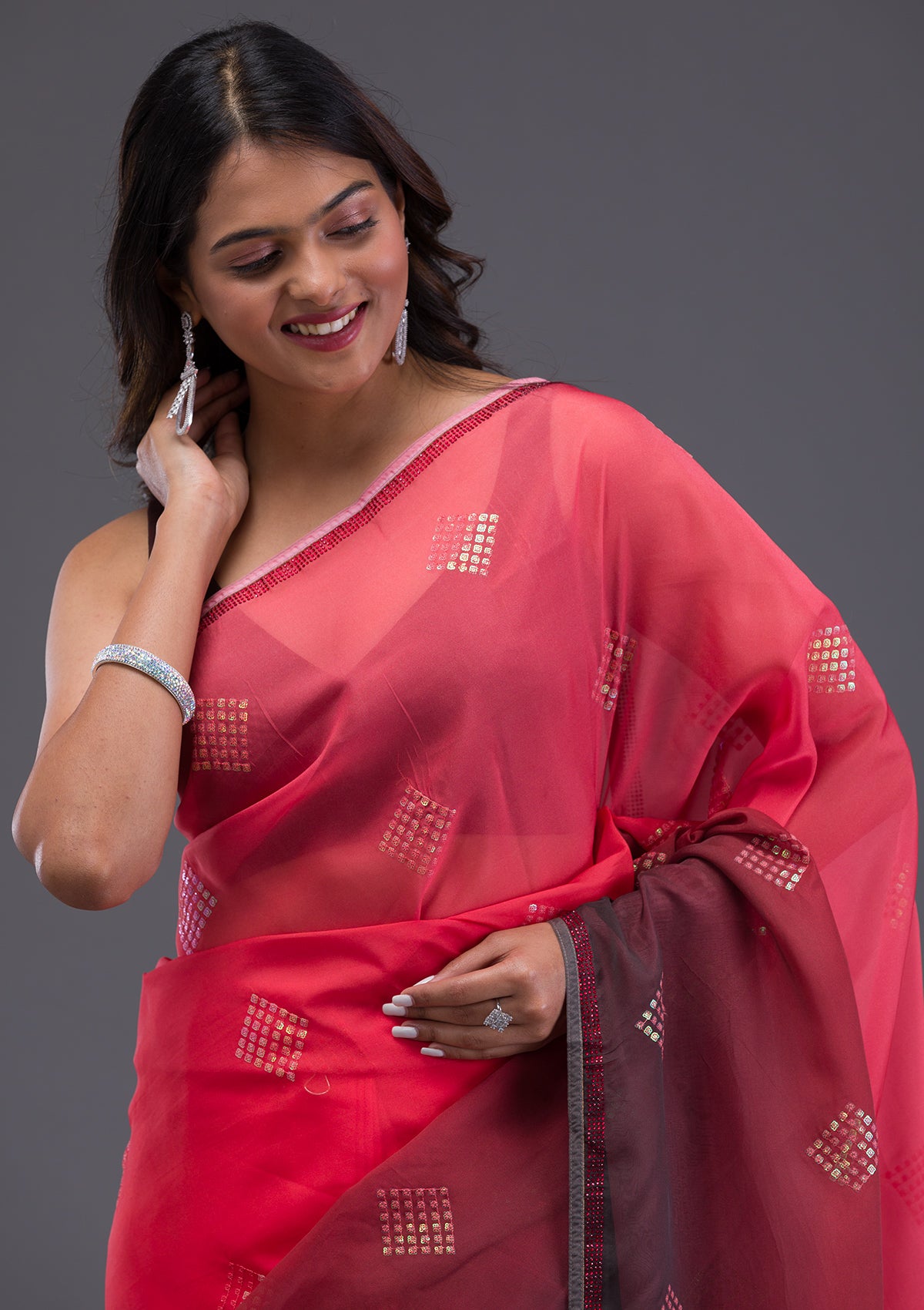 Red Swarovski Satin Saree-Koskii