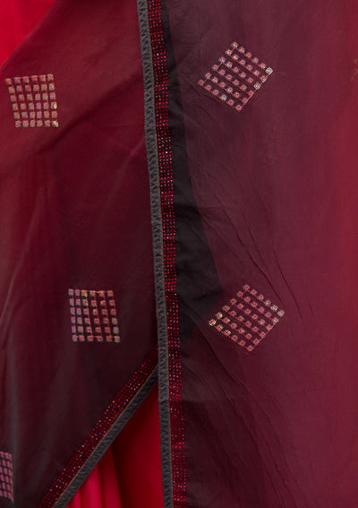 Red Swarovski Satin Saree-Koskii