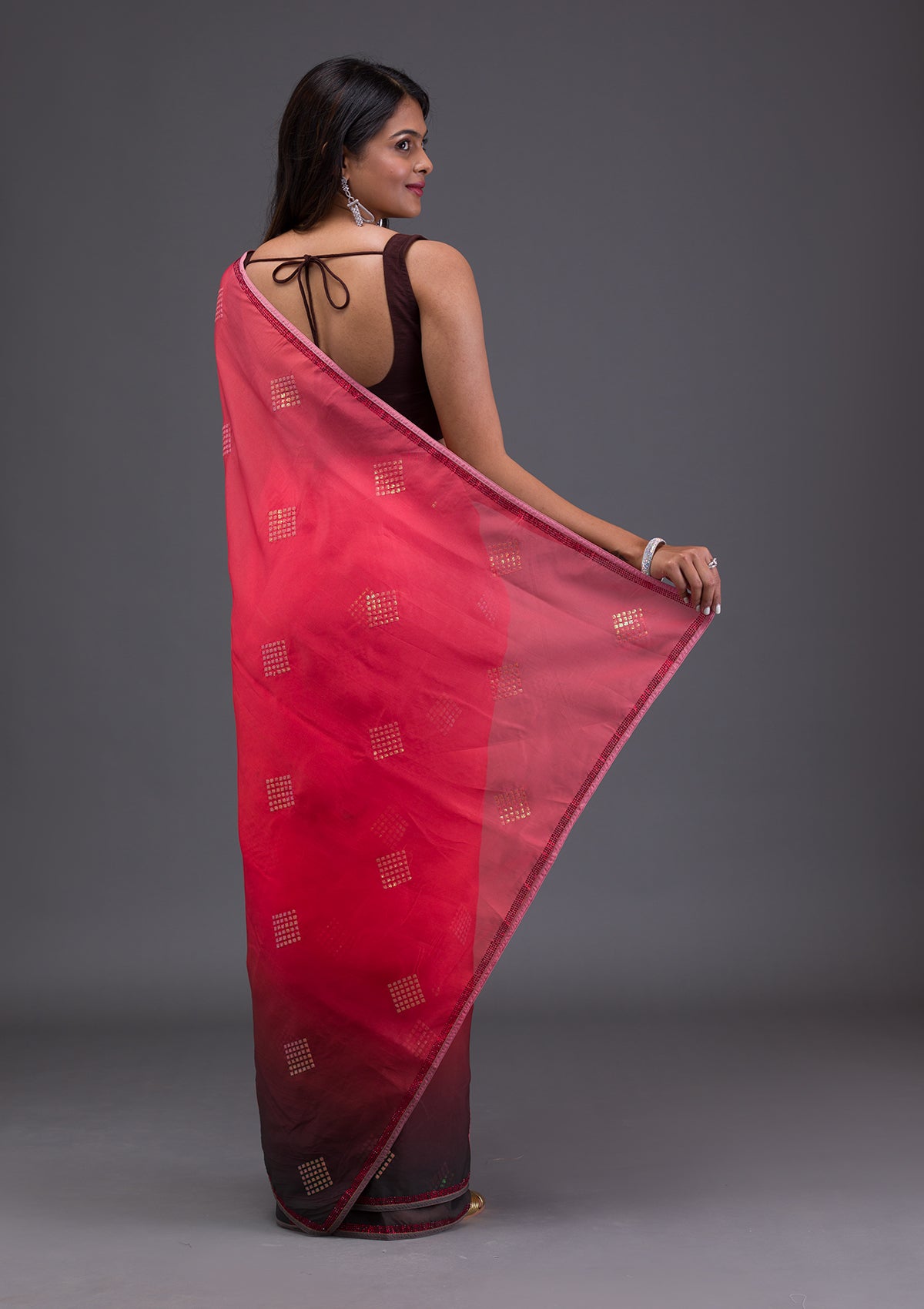 Red Swarovski Satin Saree-Koskii