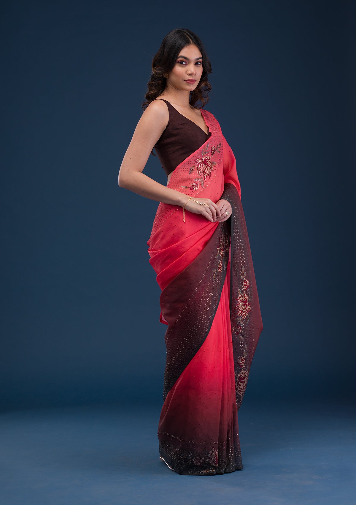 Red Swarovski Satin Saree-Koskii