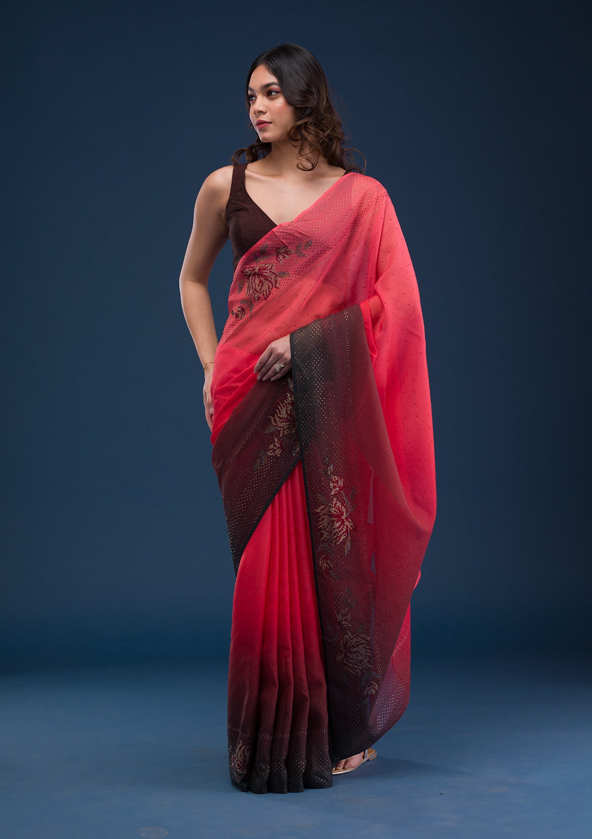 Red Swarovski Satin Saree-Koskii