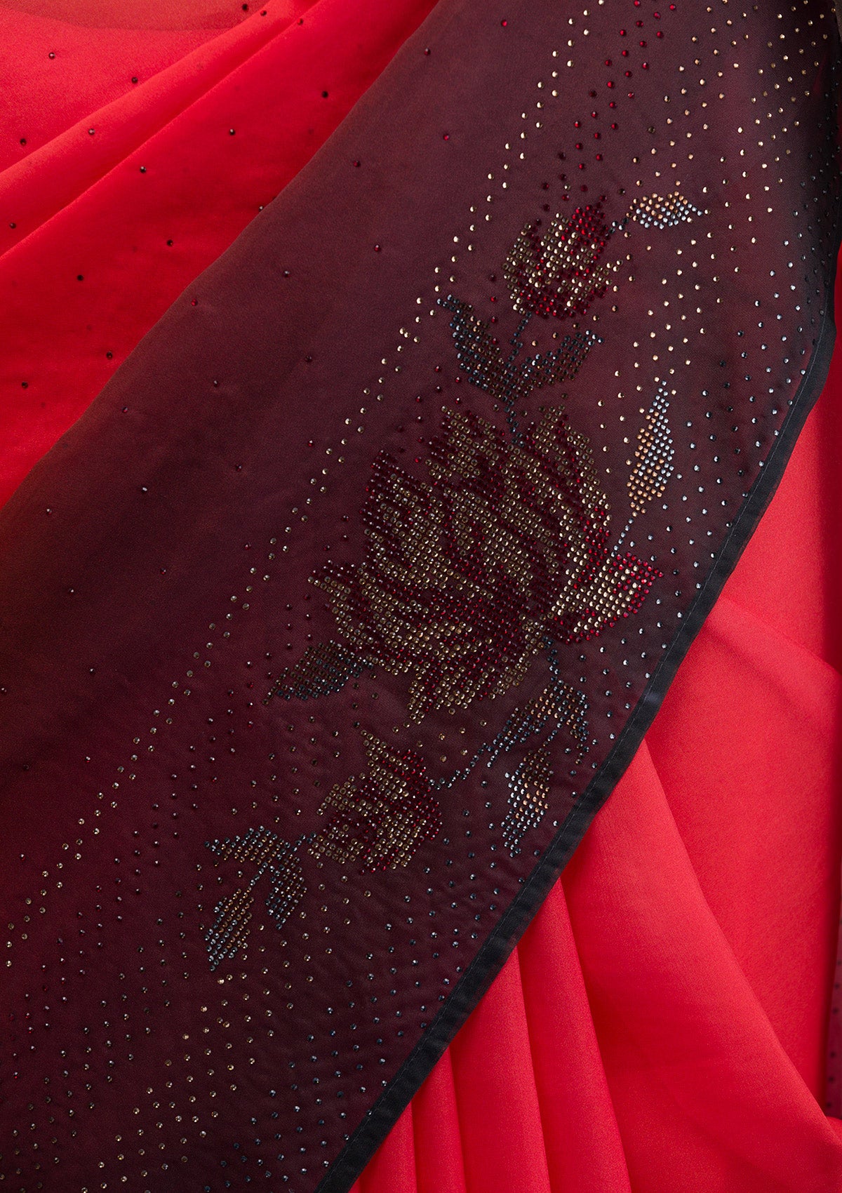 Red Swarovski Satin Saree-Koskii