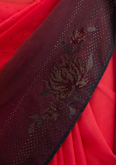 Red Swarovski Satin Saree-Koskii