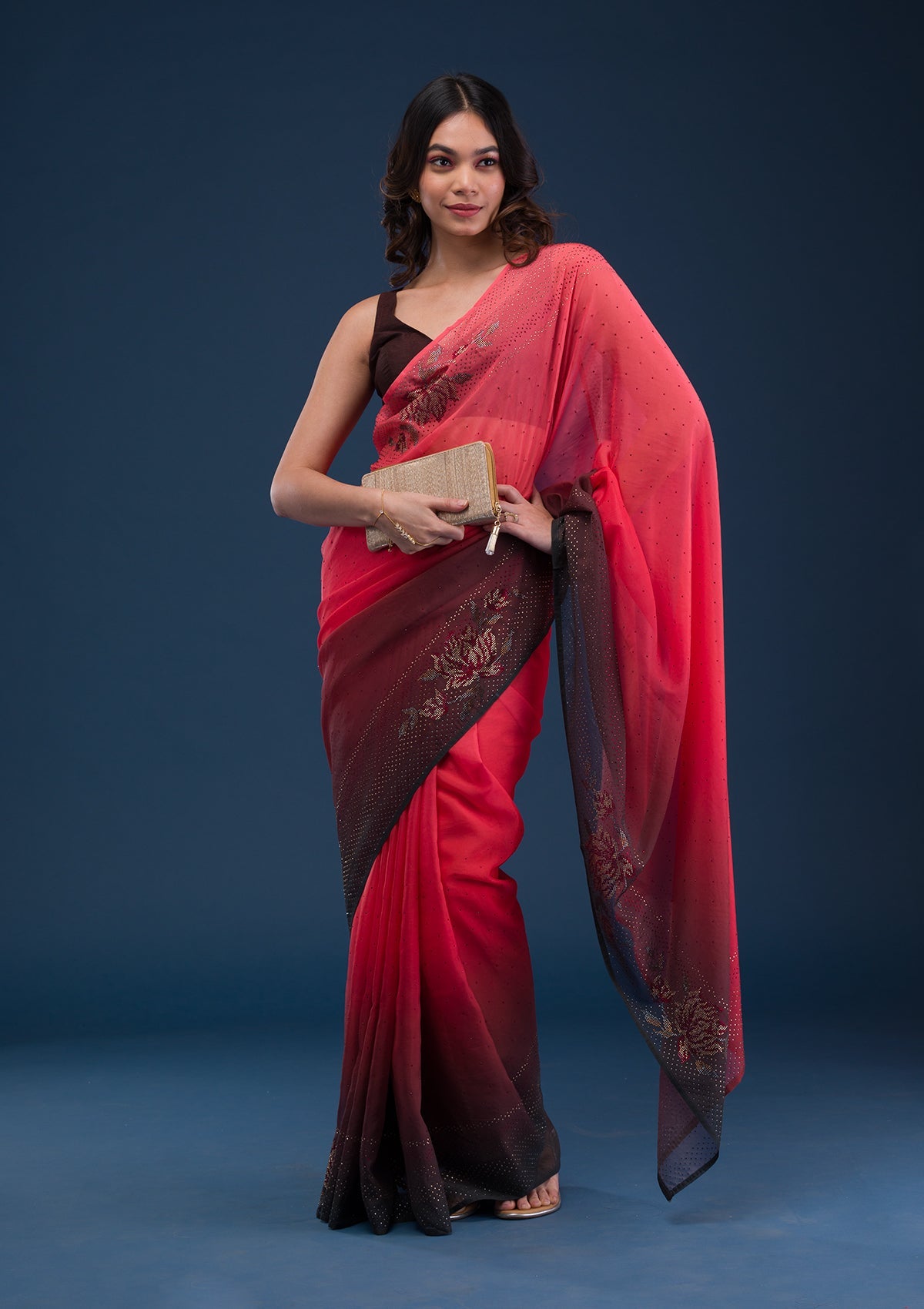 Red Swarovski Satin Saree-Koskii