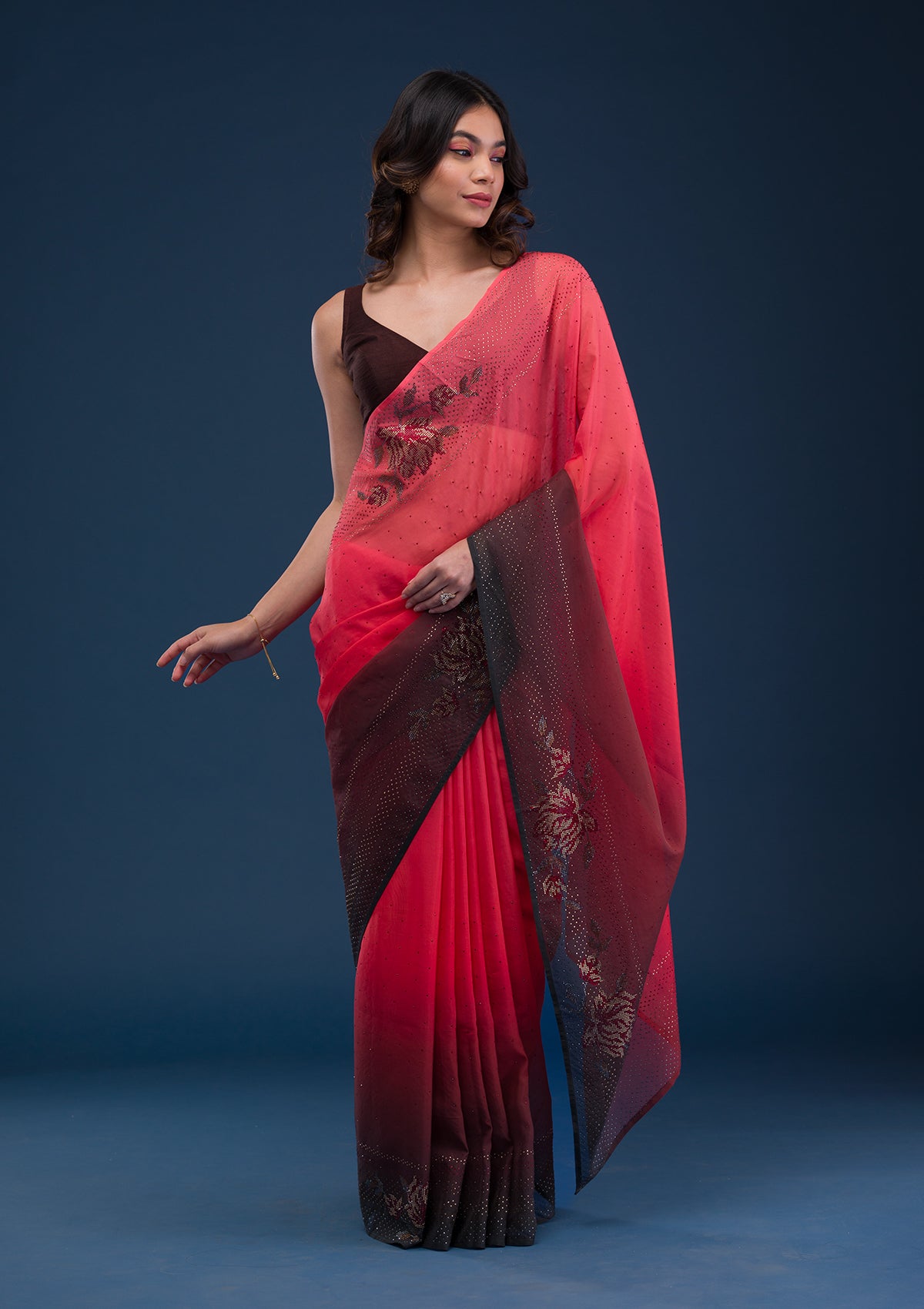 Red Swarovski Satin Saree-Koskii