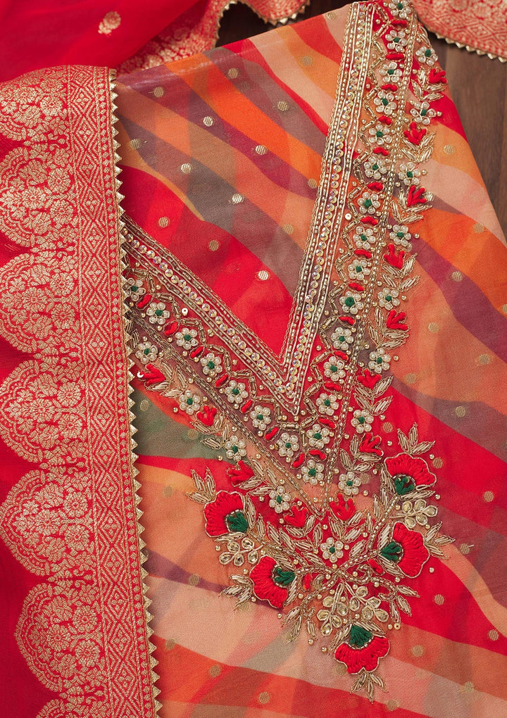 Red Threadwork Chiffon Unstitched Salwar Suit-Koskii