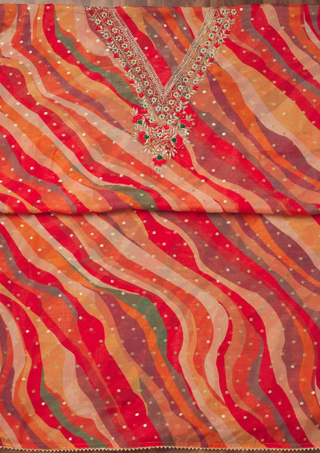 Red Threadwork Chiffon Unstitched Salwar Suit-Koskii