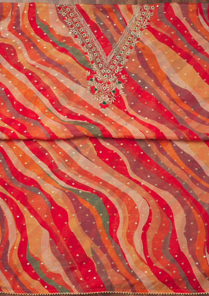 Red Threadwork Chiffon Unstitched Salwar Suit-Koskii