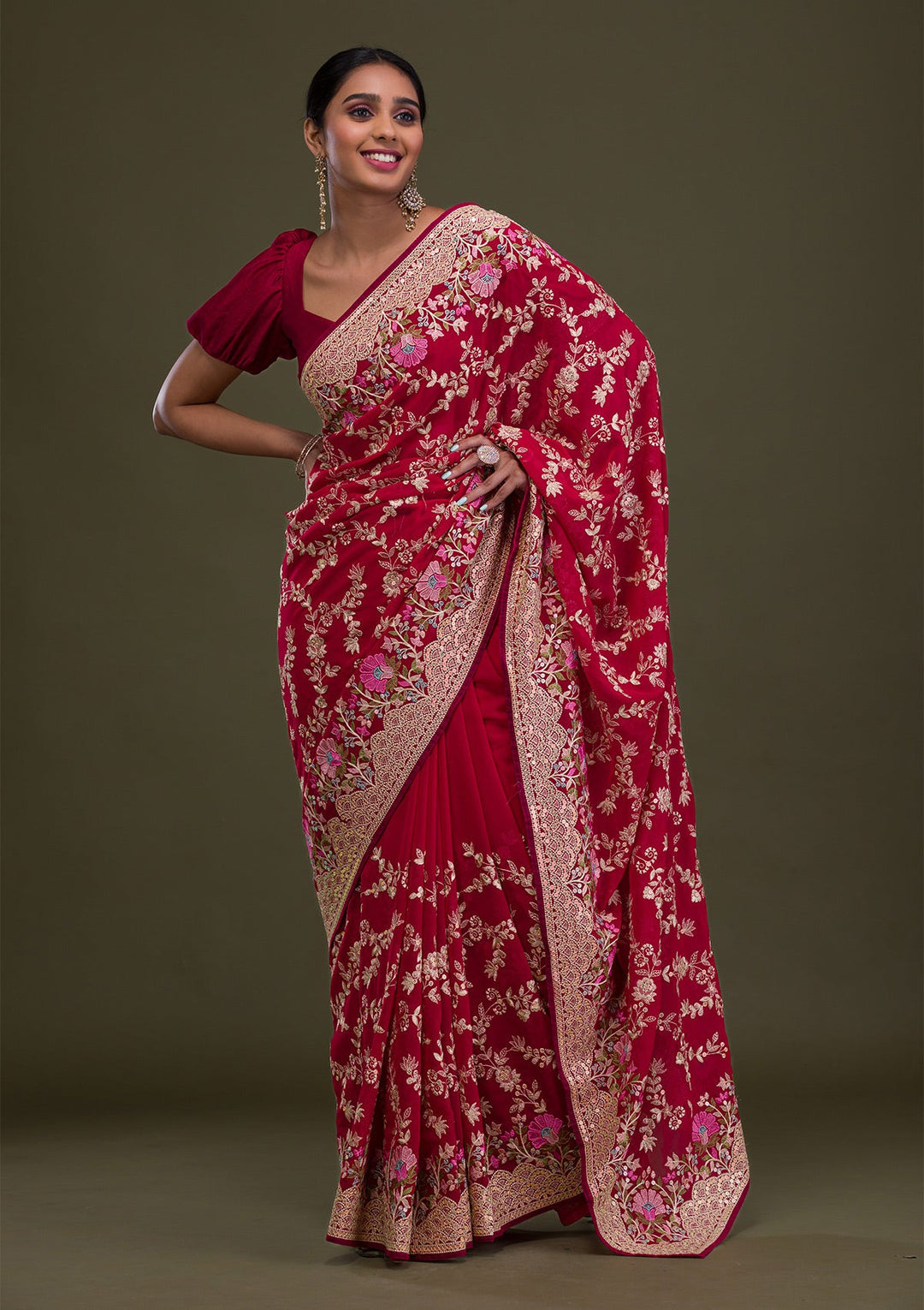 Red Threadwork Georgette Saree-Koskii