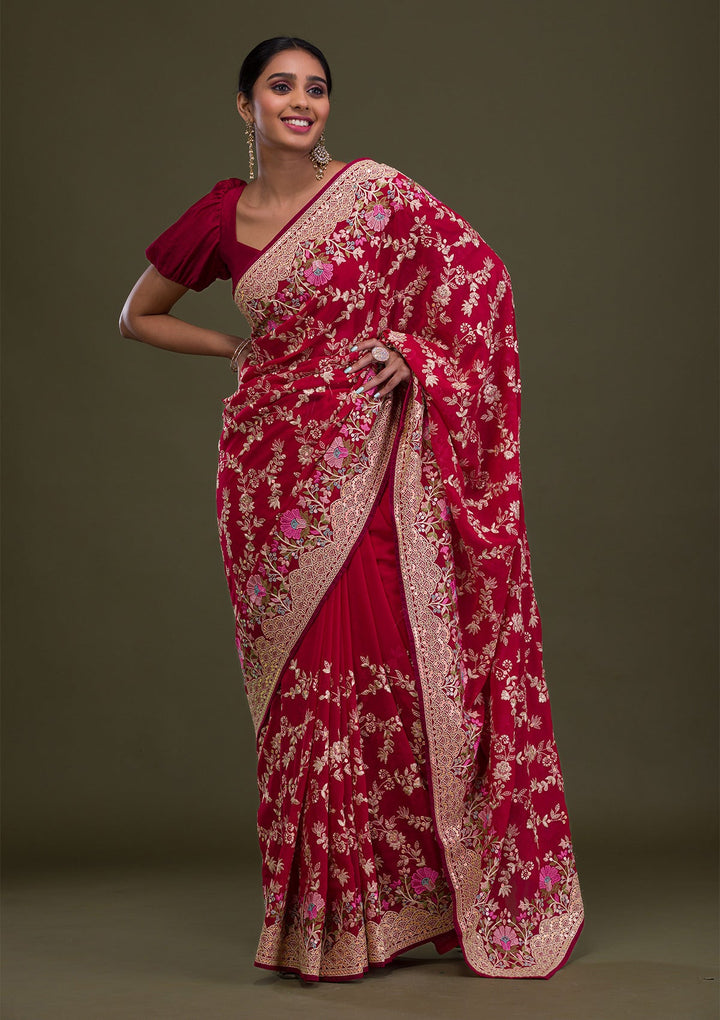Red Threadwork Georgette Saree-Koskii