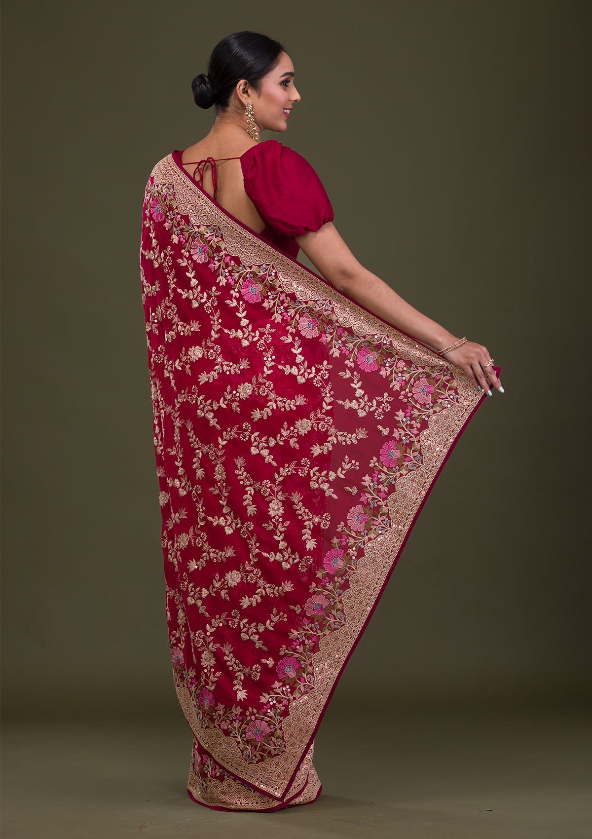 Red Threadwork Georgette Saree-Koskii