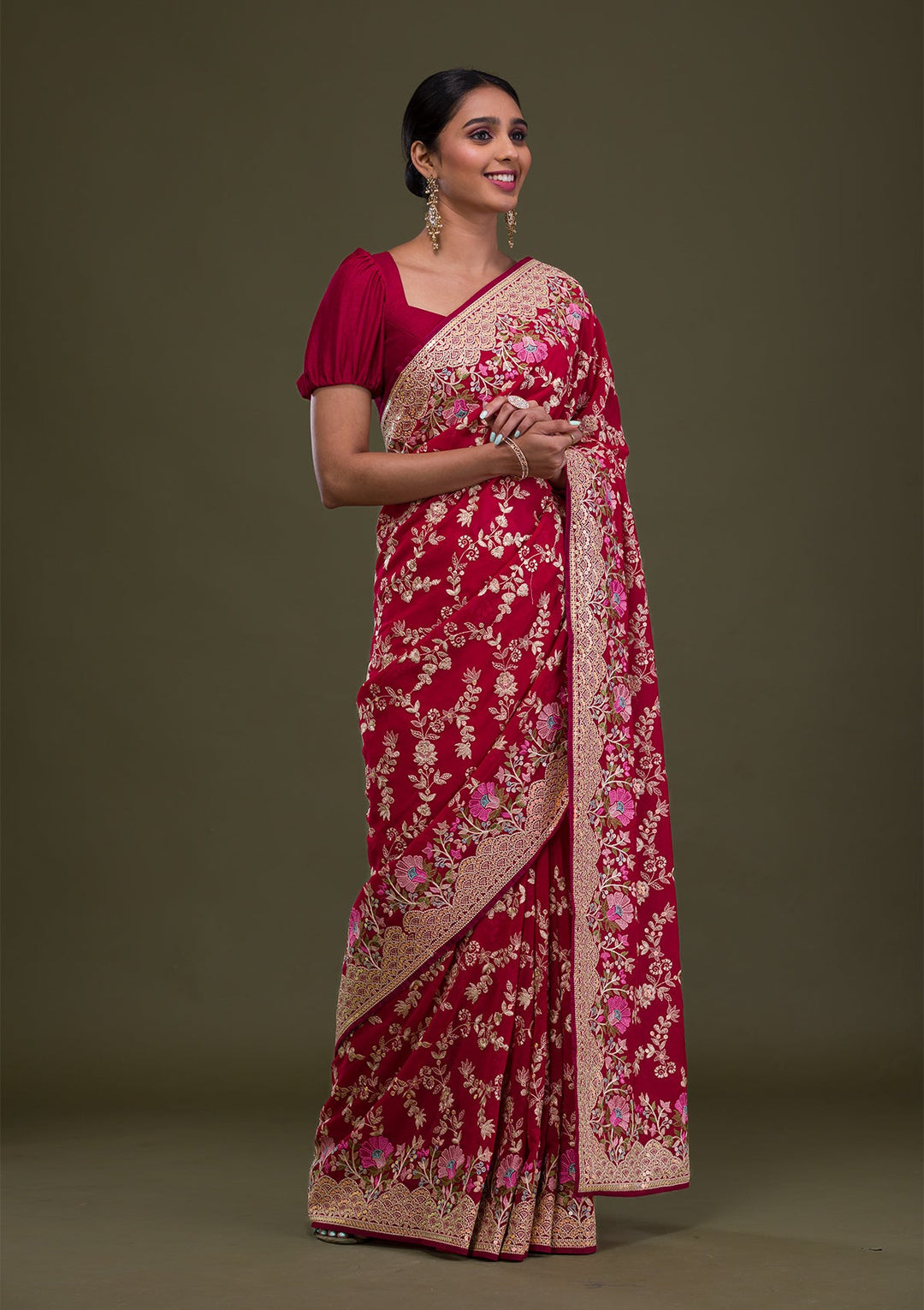 Red Threadwork Georgette Saree-Koskii