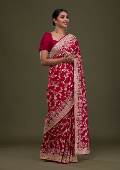 Red Threadwork Georgette Saree-Koskii