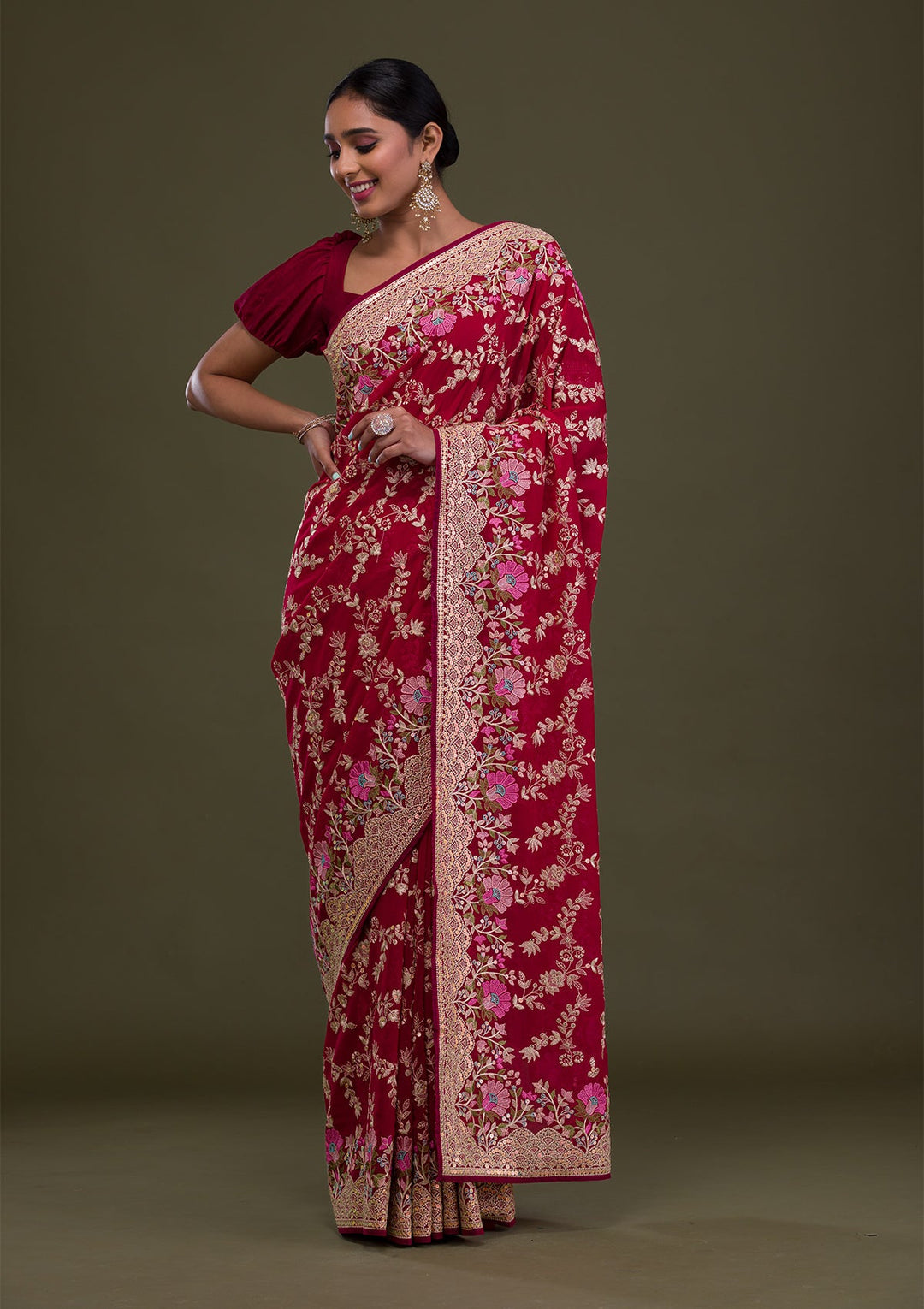 Red Threadwork Georgette Saree-Koskii