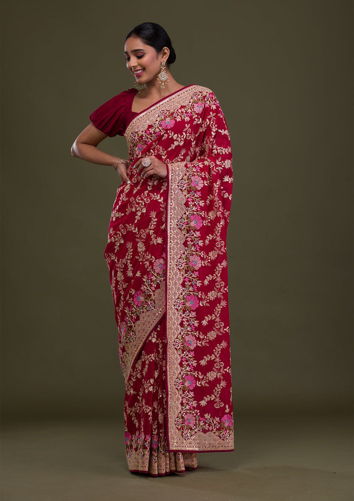 Red Threadwork Georgette Saree-Koskii